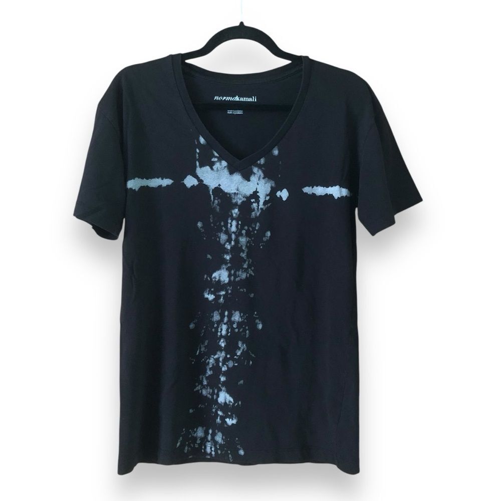 Norma Kamali Black Splatter V-Neck Organic Cotton Tee Size Small Art To Wear